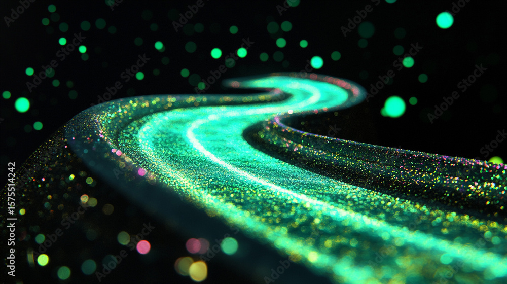 Poster glowing neon path with sparkling particle trails. a mesmerizing, curving path glows in vibrant green