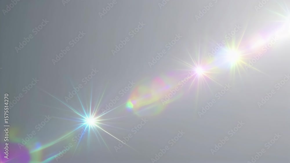 Poster bright shimmering light rays with colorful reflections in a soft grey background, creating a dreamy 