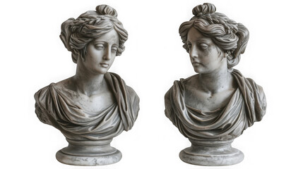 Two classical marble busts of women with ornate hairstyles and draped clothing isolated on transparent background