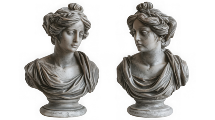 Two classical marble busts of women with ornate hairstyles and draped clothing isolated on transparent background