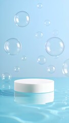 Clean Skincare Background with Round Pedestal and Bubbles
