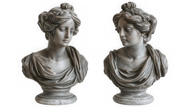 Two classical marble busts of women with ornate hairstyles and draped clothing isolated on transparent background