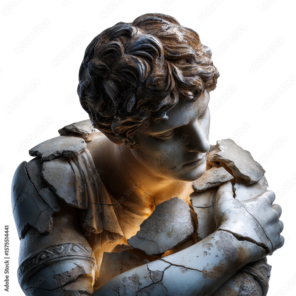 Poster sculpture of a young figure with ancient features reflects on time and decay in a soft light setting