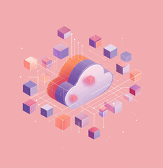 isometric illustration of clouds and a network, with a purple background