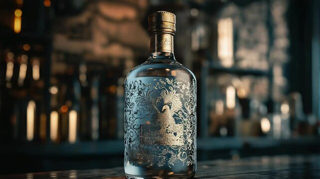 Elegant gin bottle standing on bar counter with blurred background