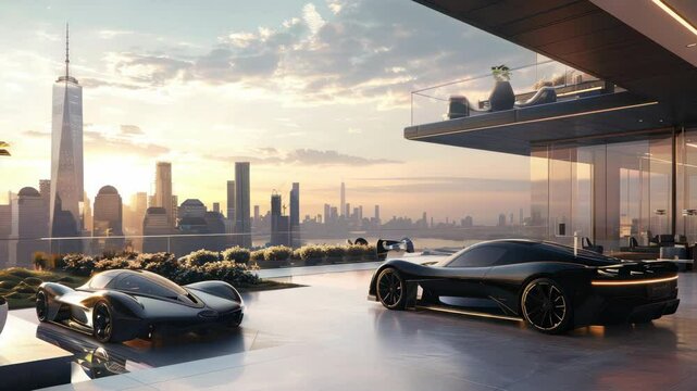 Luxury sports cars on rooftop garage with city skyline view