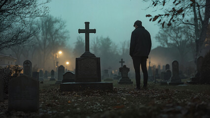 Man Standing Alone Near Headstone, Man standing alone near headstone, somber atmosphere, misty cemetery at night, reflection and grief