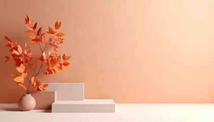 Elegant autumn arrangement with orange leaves and geometric shapes minimalist design indoor setting contemporary style