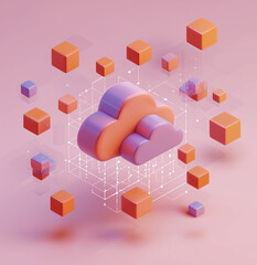isometric illustration of clouds and a network, with a purple background