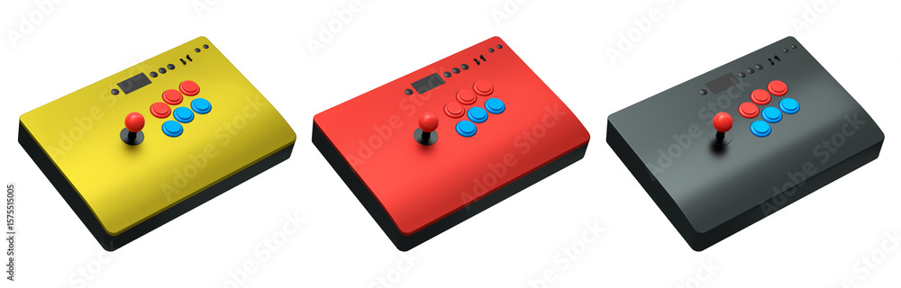 Poster a set of three colorful arcade joysticks, catering to retro gaming enthusiasts isolated on white bac