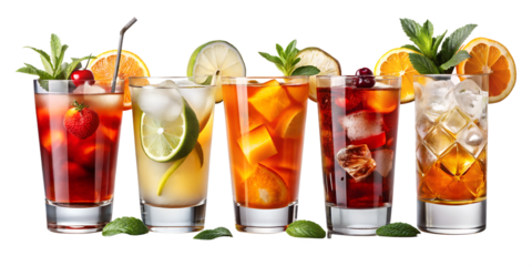 Variety of colorful cocktails with fruit garnish on transparent background