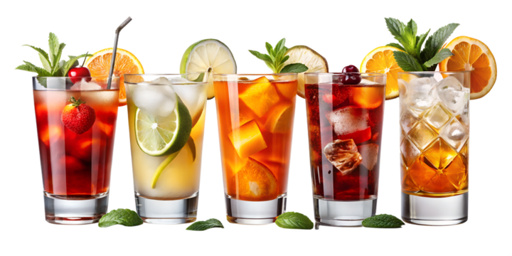 Variety of colorful cocktails with fruit garnish on transparent background