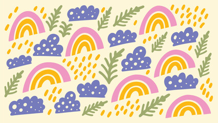Pattern with rainbows, clouds, leaves, and dots in a whimsical and colorful design on a light background