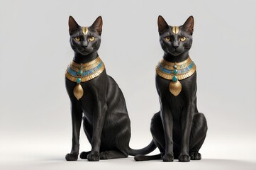 Two sleek, black cats with gold and blue adornments, serene studio shot