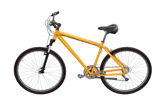 Orange bicycle, side view. Black leather saddle and handles. Png clipart isolated on transparent background