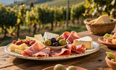 Traditional Italian Antipasto Board Featuring Salami, Cheese, and Olives, Styled in a Vineyard Setting, Food Menu Photography