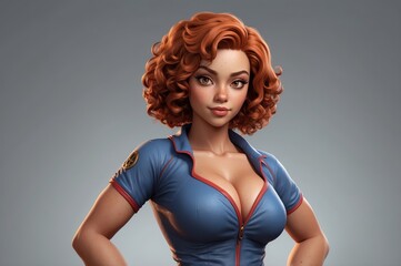 Digital portrait of a woman with  curly red hair and  a blue top