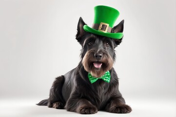 A black Scottish Terrier dog lies on a light grey background, wearing a green top hat and bow tie, looking directly at the camera with its tongue slightly out