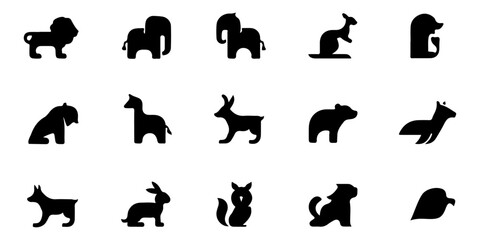 Collection of Animal Icons Lion, Elephant, Kangaroo, Dog, Cat, and More