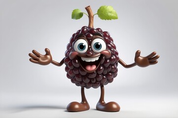 A cheerful, anthropomorphic mulberry character with arms, legs, and a happy expression, stands against a light gray background.  