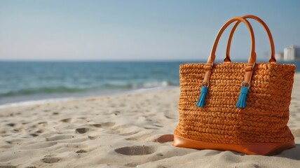 Orange Beach Bag with Curved Handles Upright on Sandy Shore – Stylish Summer Accessory, Minimal Beach Vibes, and Vacation Essentials in Coastal Light