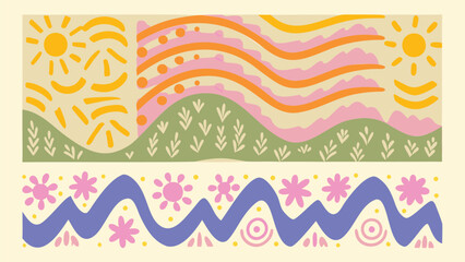 Illustration of a landscape with suns, hills, waves, and flowers in a colorful, abstract style design