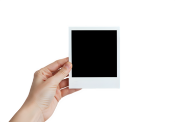 Hand holding blank photo frame, A hand holds a polaroid picture isolated on white or transparent background. PNG