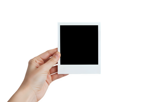 Hand holding blank photo frame, A hand holds a polaroid picture isolated on white or transparent background. PNG