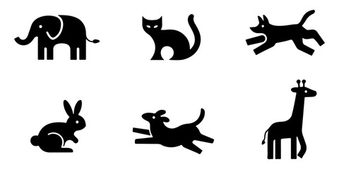 Simple Animal Icons Elephant, Cat, Dog, Rabbit, Puppy, Giraffe, Vector Illustrations, Design Elements, Graphic Assets