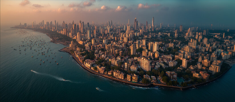 Aerial panoramic view of Mumbai coastline and urban skyline.
