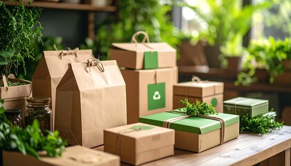 Eco-friendly packaging on wooden table