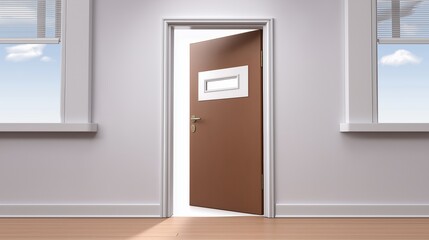 Layoff employee and unemployment concept, Open door in a minimalist room with windows and wooden floor.