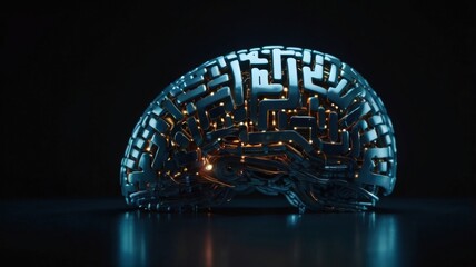 A glowing futuristic AI brain made of interconnected circuits and data nodes