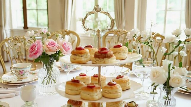 Elegant afternoon tea party table setting with floral decorations and delicious treats
