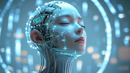 A mesmerizing futuristic digital technologies humanoid face with surrounded by a halo data