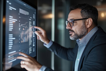 Businessman conference room glass wall digital screen data analysis professional technology modern office focused graph