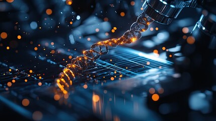 Advanced biotechnology interface displaying genetic code editing and CRISPR elements in a clean lab