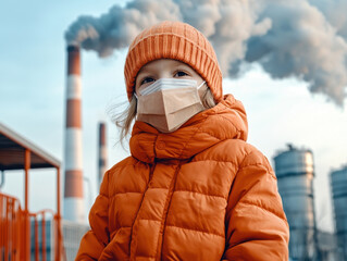 Child wearing orange jacket and beanie, protective face mask, stands outdoors near industrial smokestacks emitting pollution, environmental concern, cold weather, serious expression