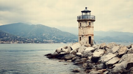 Abandoned lighthouse hit by the wave