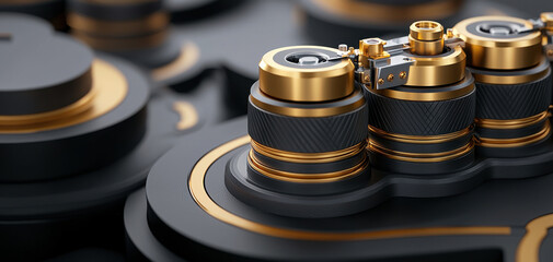 Close up shot of metallic black and gold mechanical parts, featuring intricate gears and textured surfaces, modern industrial design, high detail, luxurious and sophisticated appearance
