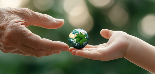 Elderly hand child hand earth green leaf nature environment sustainability hope future care symbolize generational responsibility and environmental protection