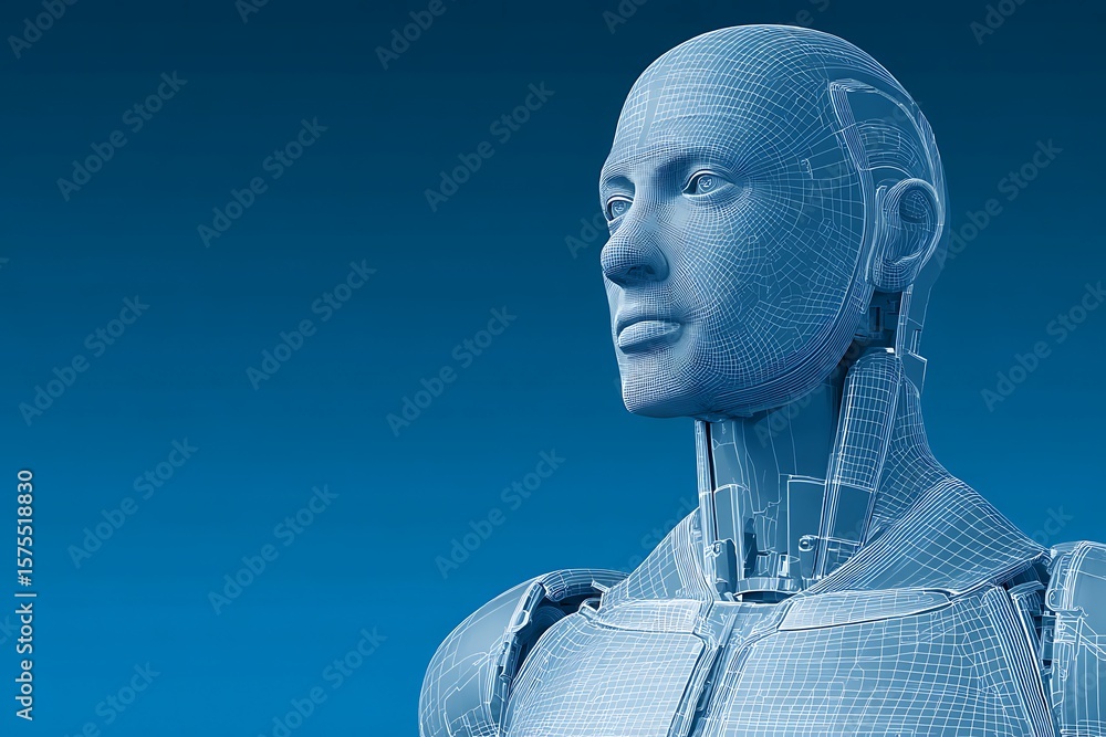 Poster detailed wireframe rendering of a robotic head and torso.