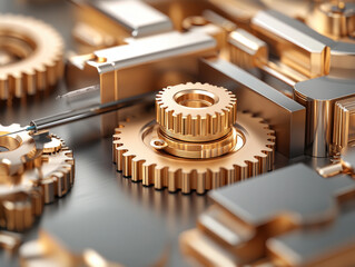 Golden gear metal cog precision tool close up mechanical part engineering shiny industrial technology machinery. close up of golden gear and metal cog with precision tool showcasing shiny