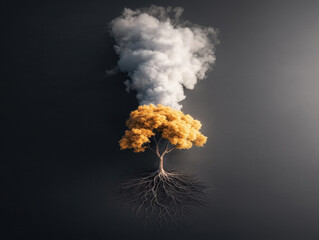 Golden tree smoke roots surreal dramatic dark background conceptual nature fantasy mysterious solitary. golden tree with exposed roots emits thick white smoke creating surreal and dramatic