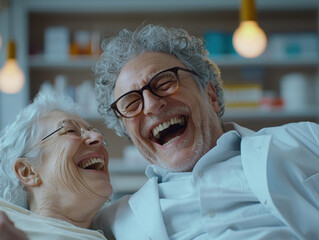 Happy senior couple elderly man and woman smiling and laughing together joyful expression close up indoor natural light glasses white hair friendship love positive mood