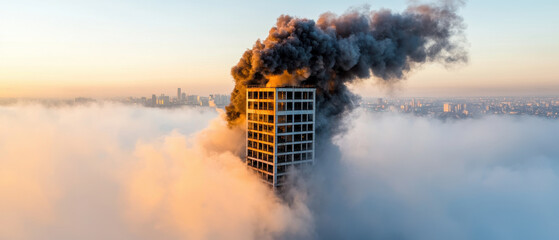 High rise building smoke fire city disaster emergency sunrise urban dramatic pollution with thick black smoke billowing from top surrounded by fog