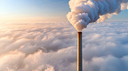 Industrial chimney smoke pollution sky cloud environmental emission atmospheric sunrise dramatic. Industrial chimney emits thick smoke above clouds creating dramatic and environmental scene