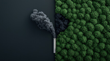 Industrial chimney smoke pollution forest green contrast environment nature air climate concept dramatic clean dirty emission ecological conservation landscape aerial top view