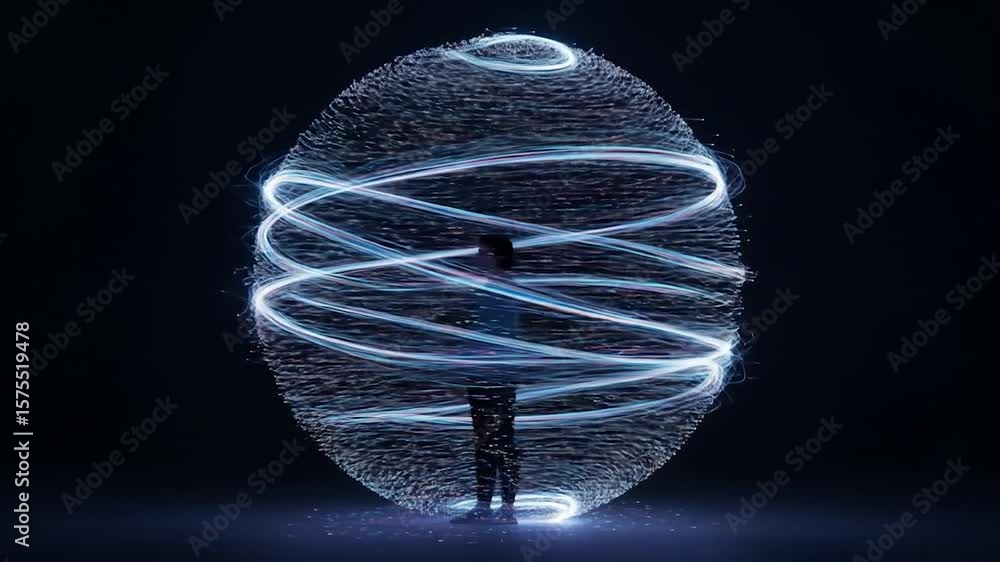 Poster abstract sphere with light trails surrounding a person in dark space