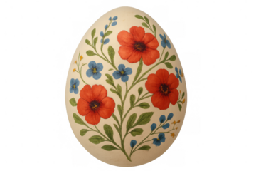Decorative egg adorned with vibrant red and blue flowers and green leaves, set against a transparent background, showcasing intricate artistry